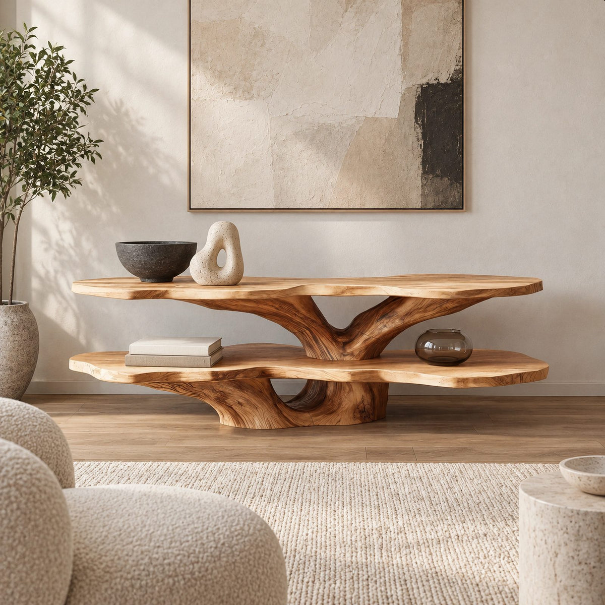 Sculptural Live Edge TV Console With Tree Root Base For Living Room