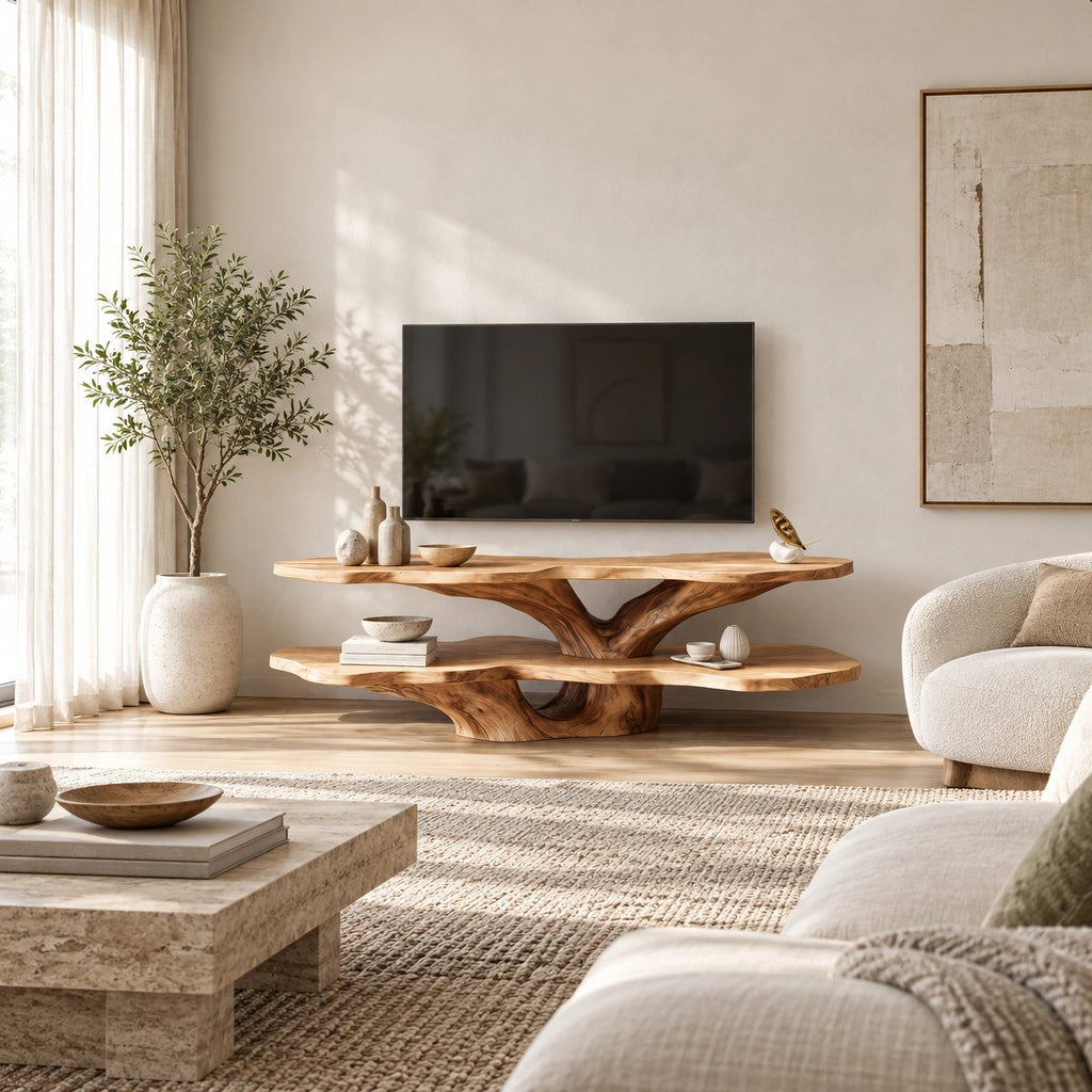 Sculptural Live Edge TV Console With Tree Root Base For Living Room