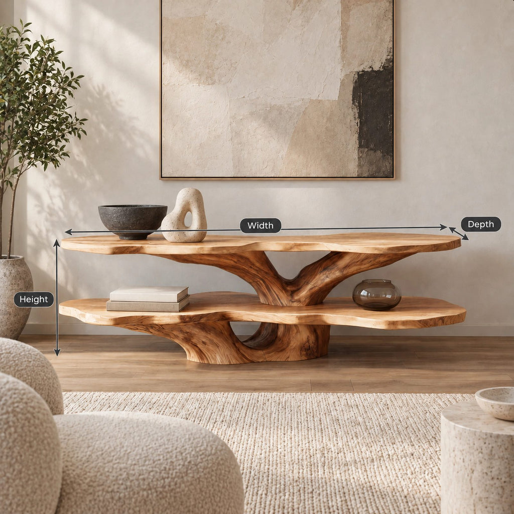 Sculptural Live Edge TV Console With Tree Root Base For Living Room