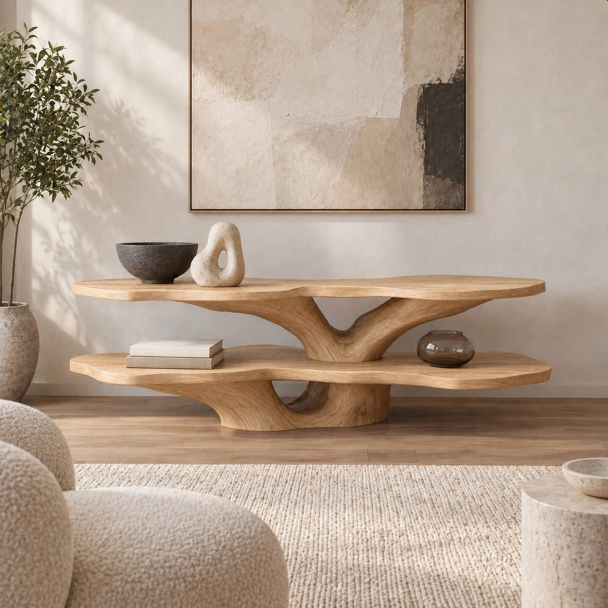 Sculptural Live Edge TV Console With Tree Root Base For Living Room