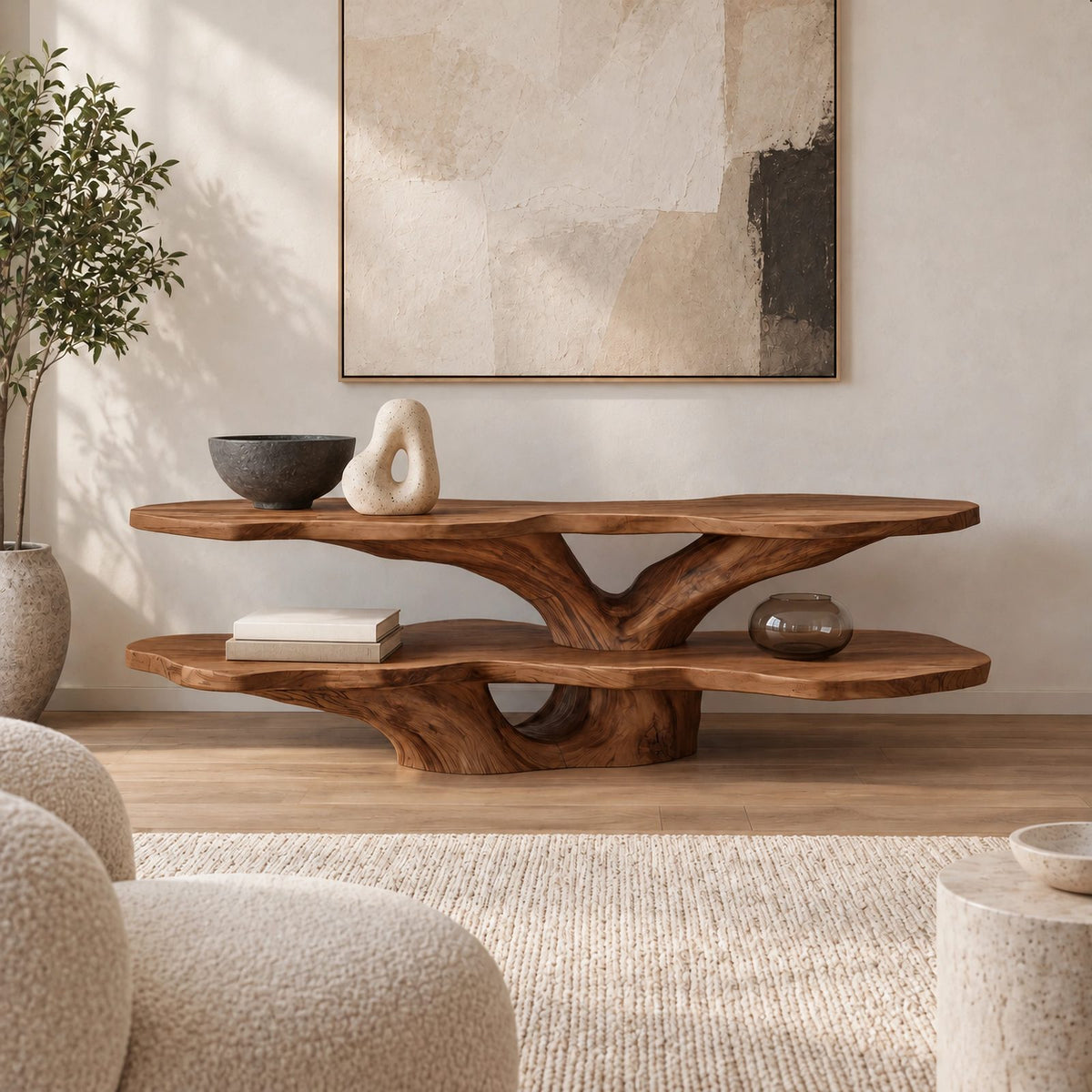 Sculptural Live Edge TV Console With Tree Root Base For Living Room