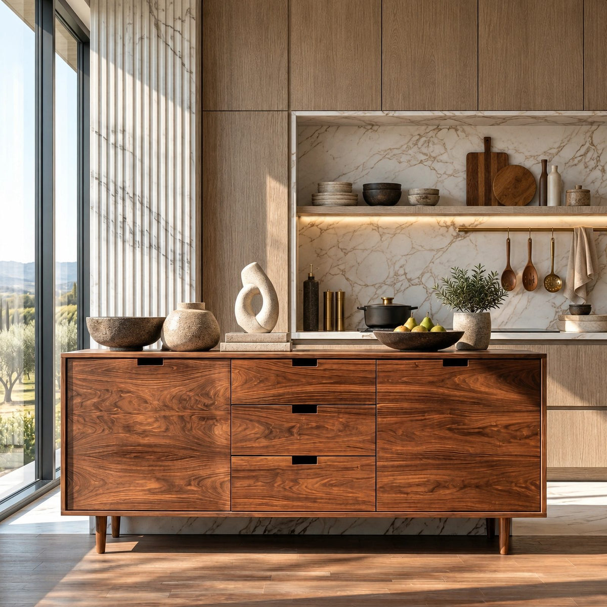 Scandinavian Wooden Sideboard With Center Drawers For Living Room