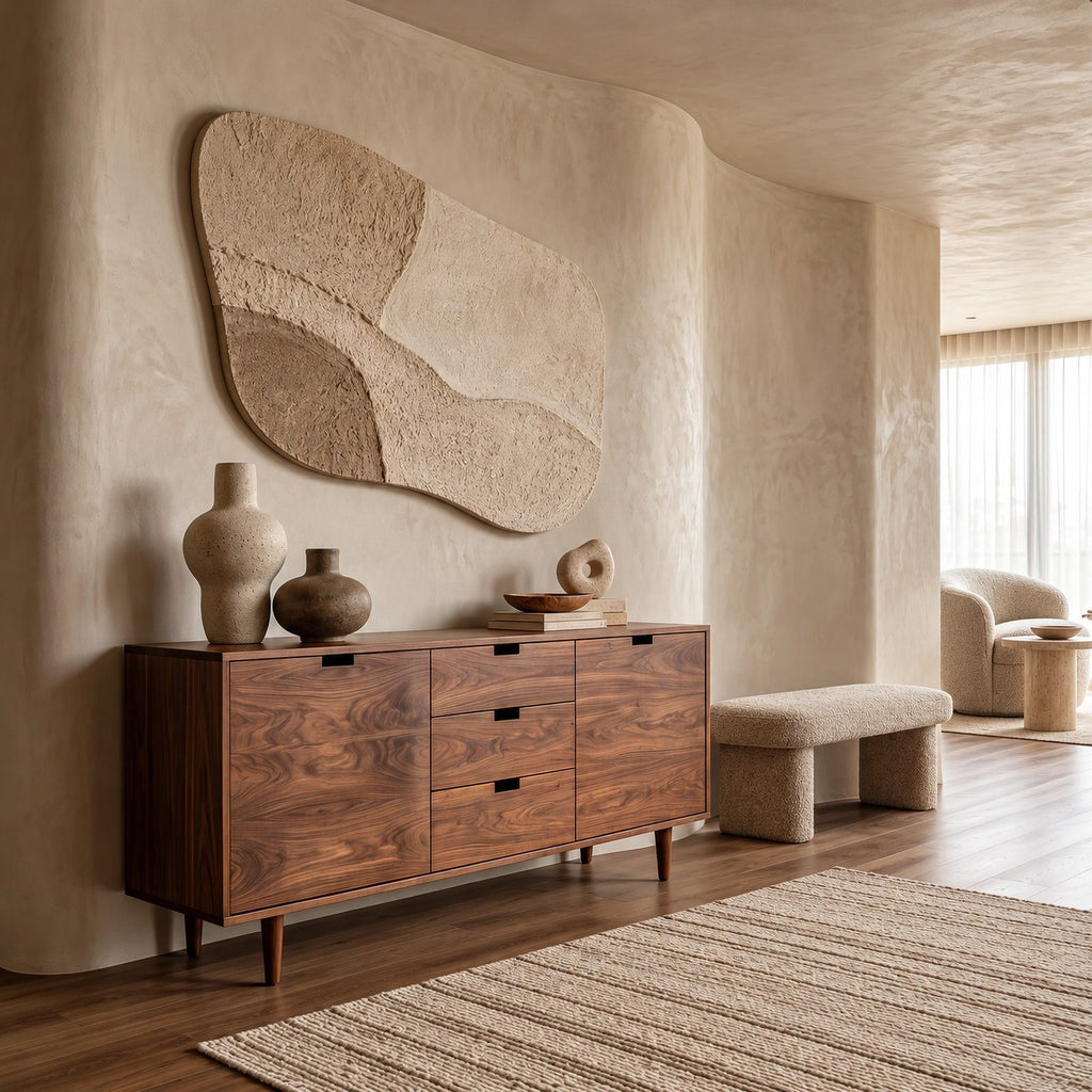 Scandinavian Wooden Sideboard With Center Drawers For Living Room