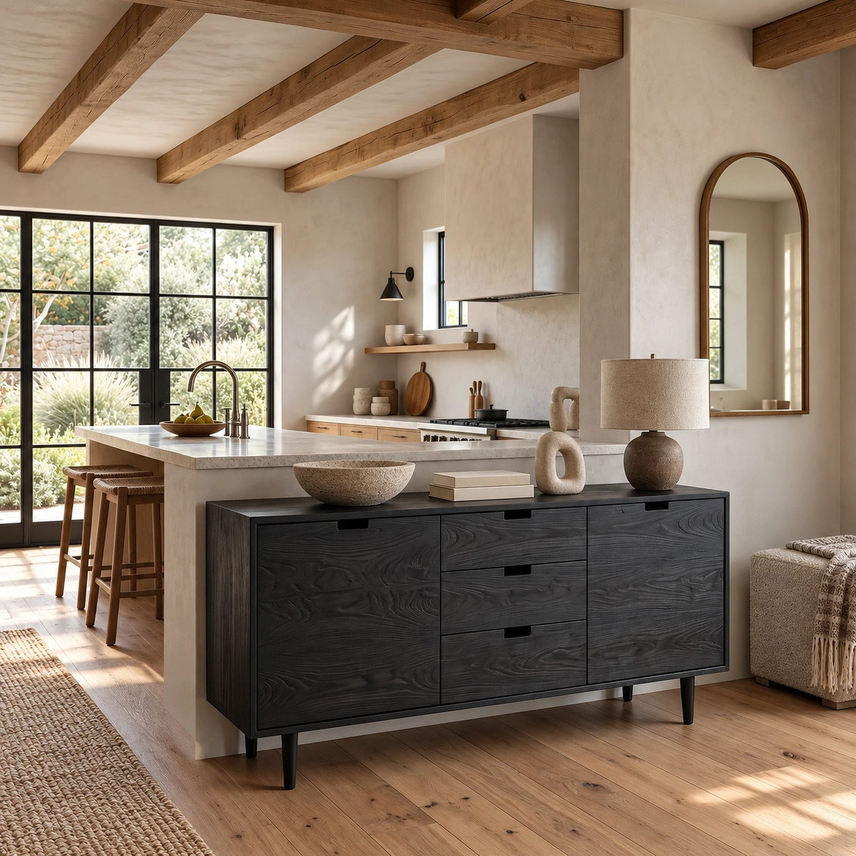 Scandinavian Wooden Sideboard With Center Drawers For Living Room