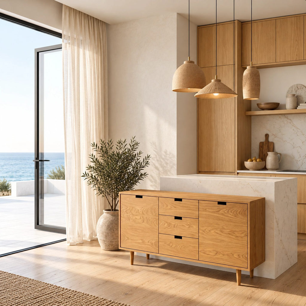 Scandinavian Wooden Sideboard With Center Drawers For Living Room