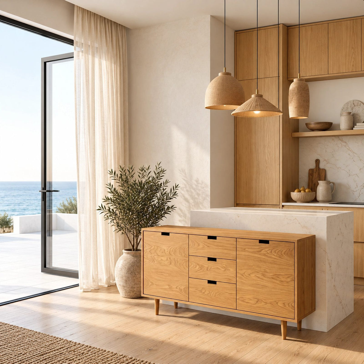 Scandinavian Wooden Sideboard With Center Drawers For Living Room