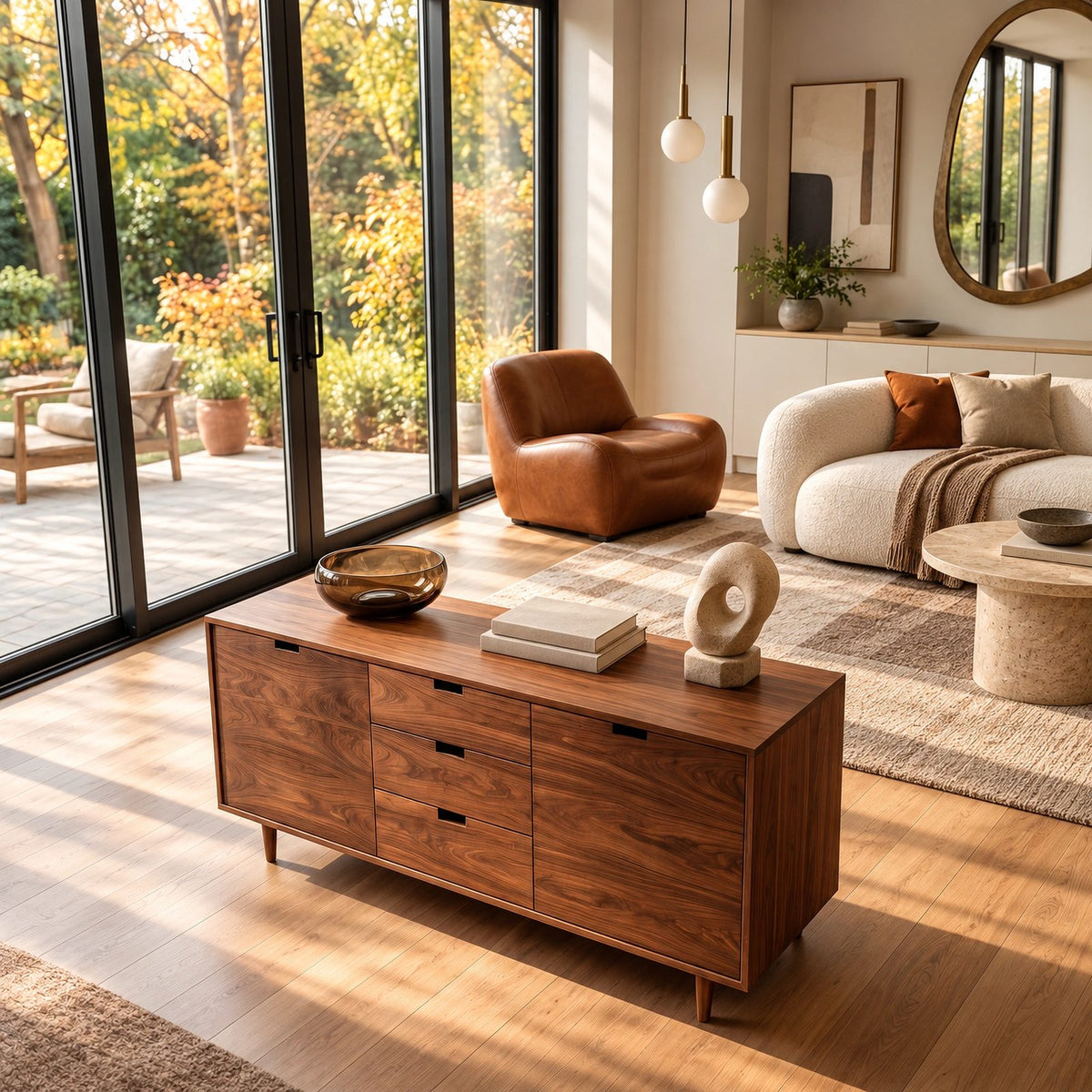 Scandinavian Wooden Sideboard With Center Drawers For Living Room