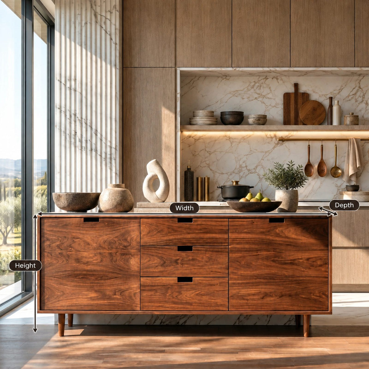 Scandinavian Wooden Sideboard With Center Drawers For Living Room