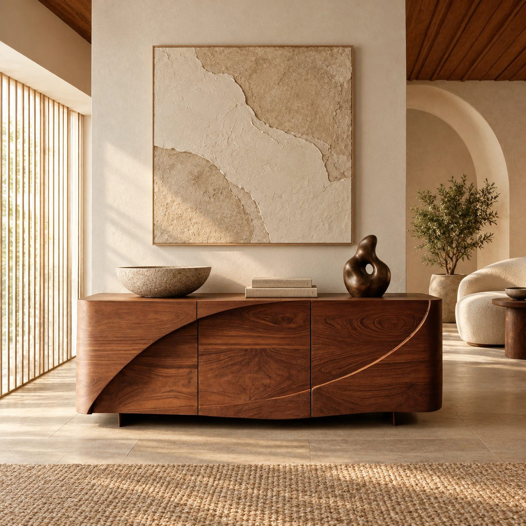 Modern Low Sideboard With Spiral Carved Doors For Entryway
