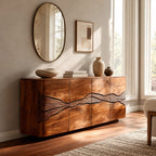 Rustic Wood Sideboard With Carved Landscape Doors For Dining Room