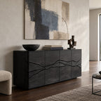 Rustic Wood Sideboard With Carved Landscape Doors For Dining Room