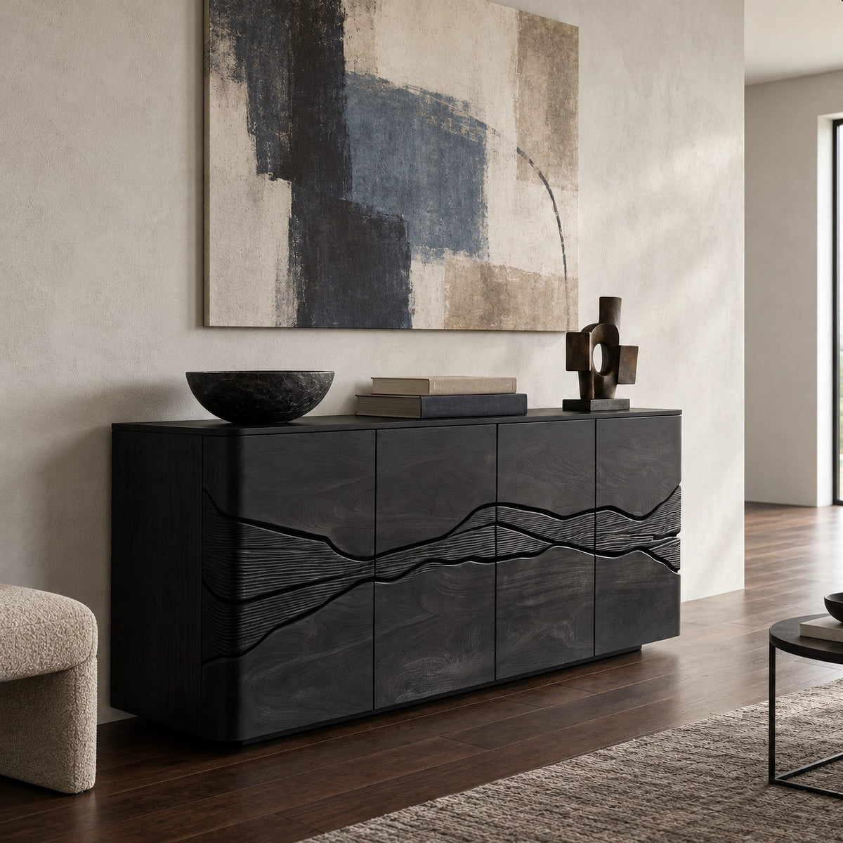 Rustic Wood Sideboard With Carved Landscape Doors For Dining Room