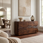 Rustic Wood Sideboard With Carved Landscape Doors For Dining Room