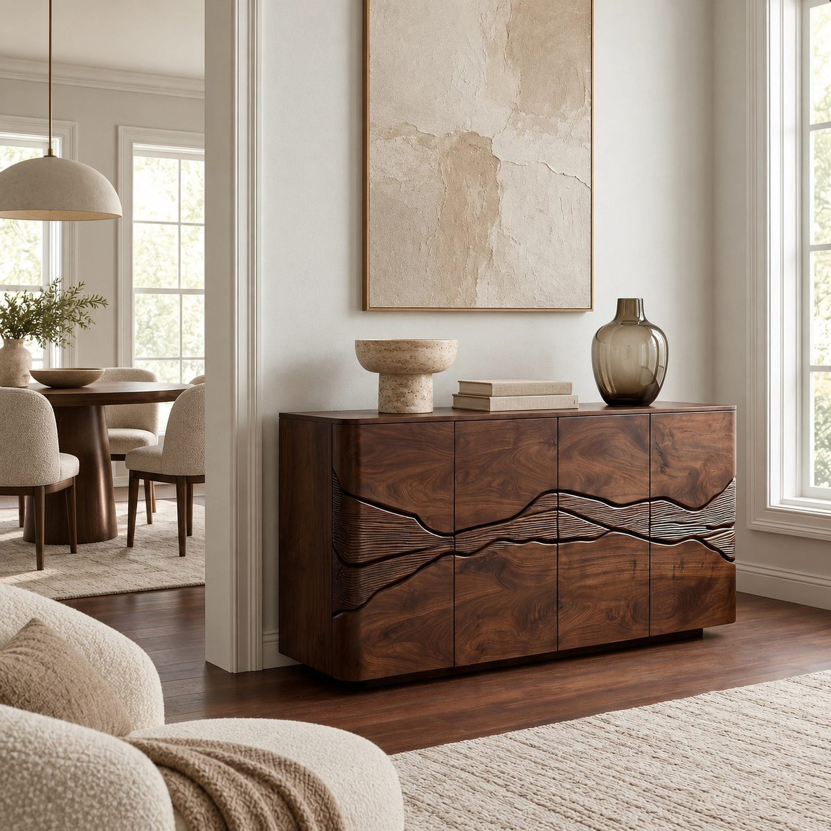 Rustic Wood Sideboard With Carved Landscape Doors For Dining Room
