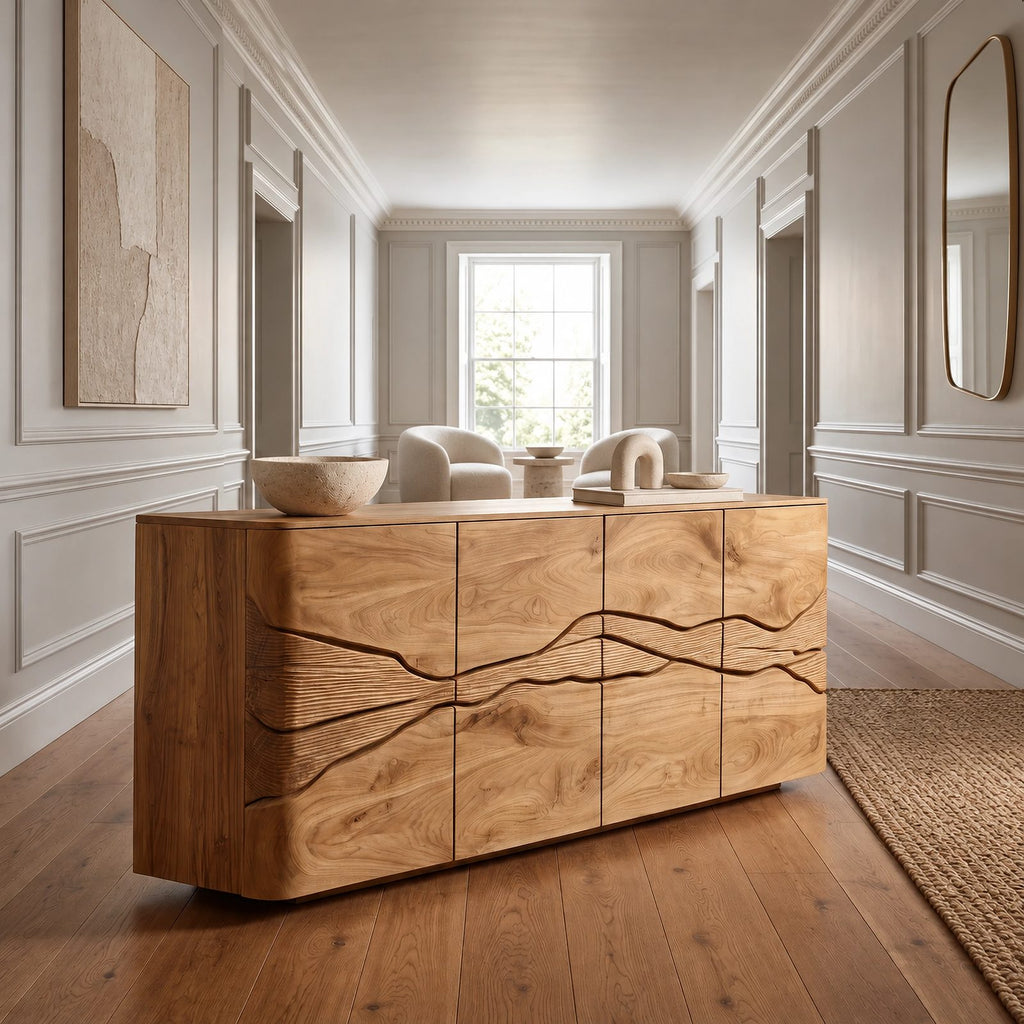 Rustic Wood Sideboard With Carved Landscape Doors For Dining Room