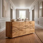 Rustic Wood Sideboard With Carved Landscape Doors For Dining Room