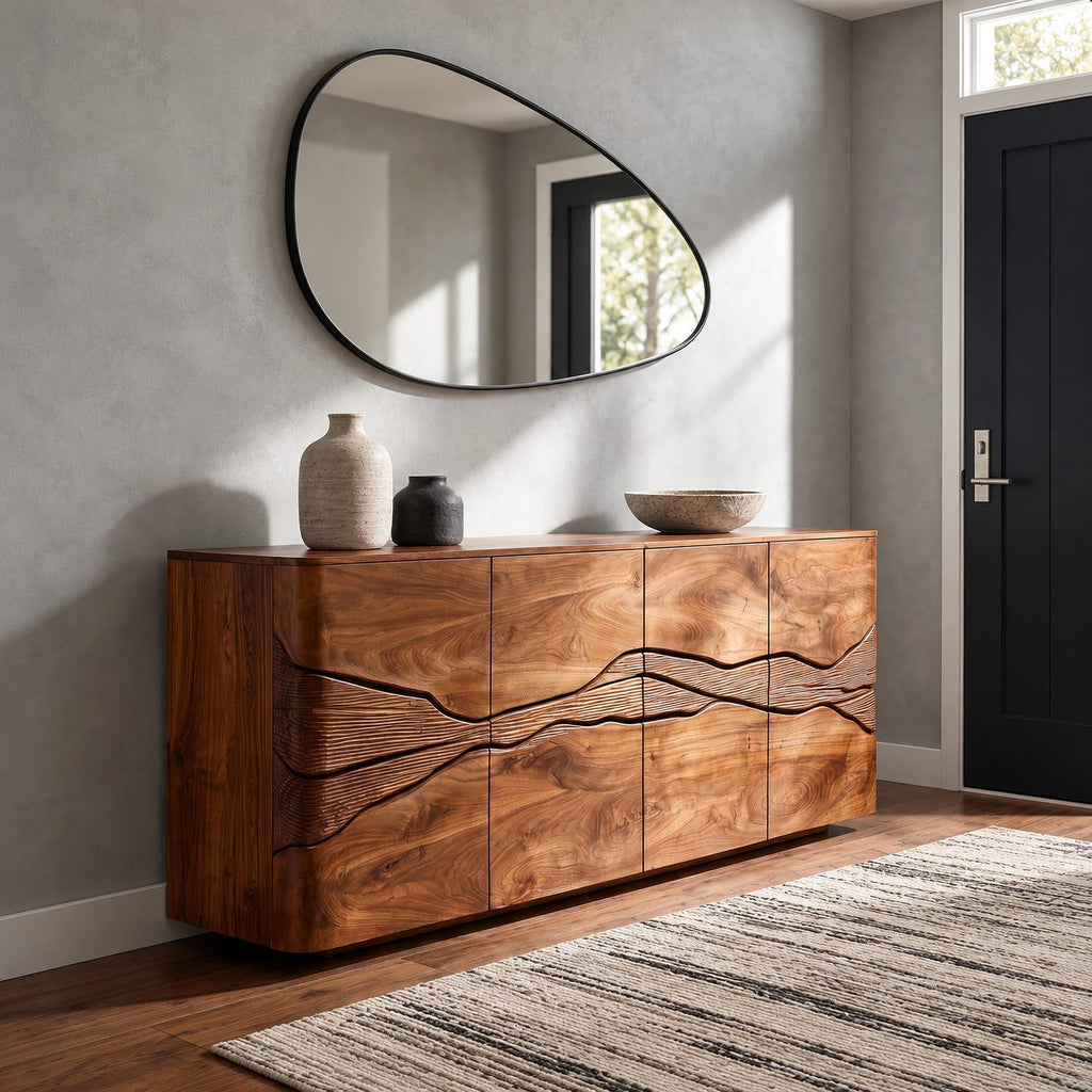 Rustic Wood Sideboard With Carved Landscape Doors For Dining Room