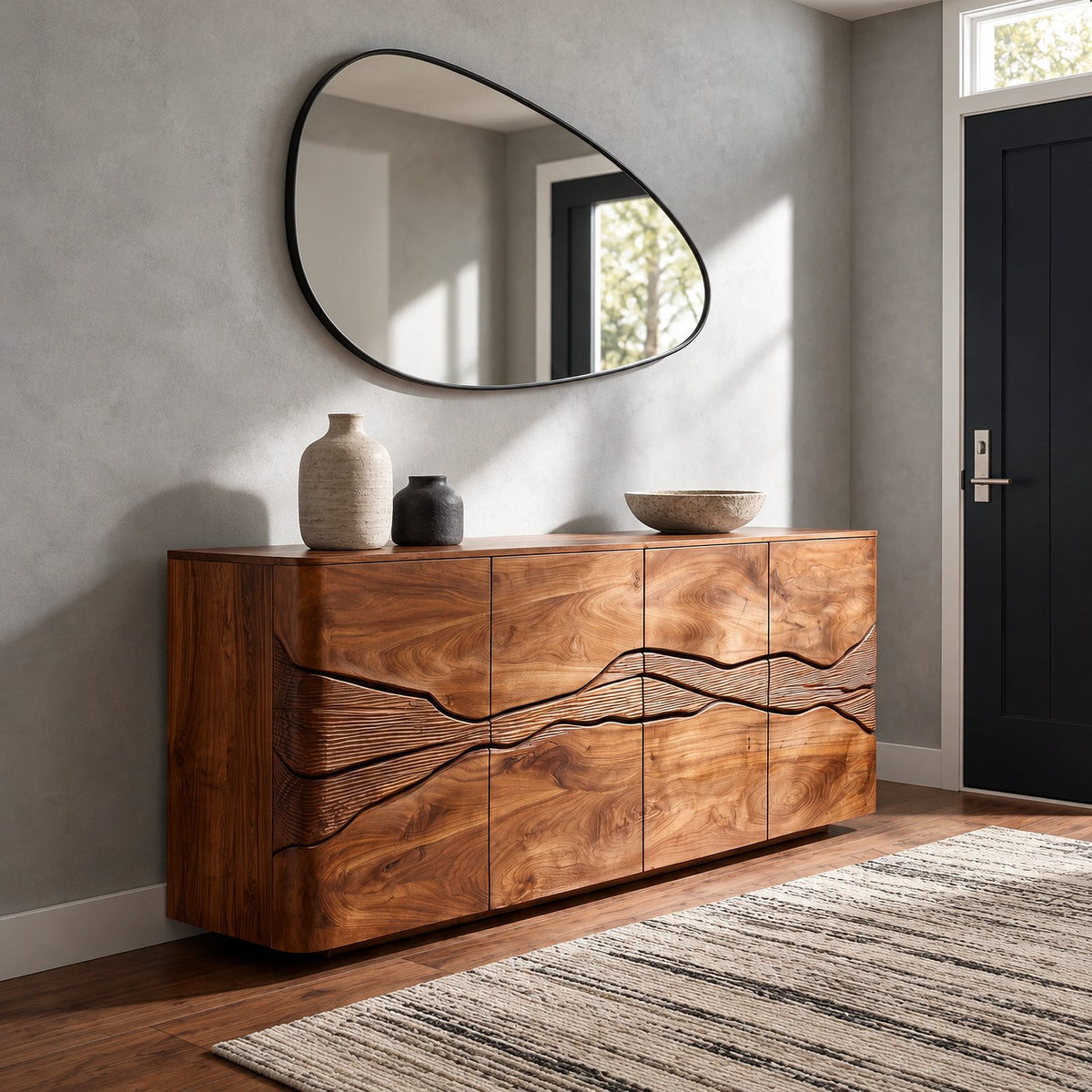 Rustic Wood Sideboard With Carved Landscape Doors For Dining Room