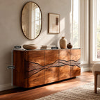 Rustic Wood Sideboard With Carved Landscape Doors For Dining Room
