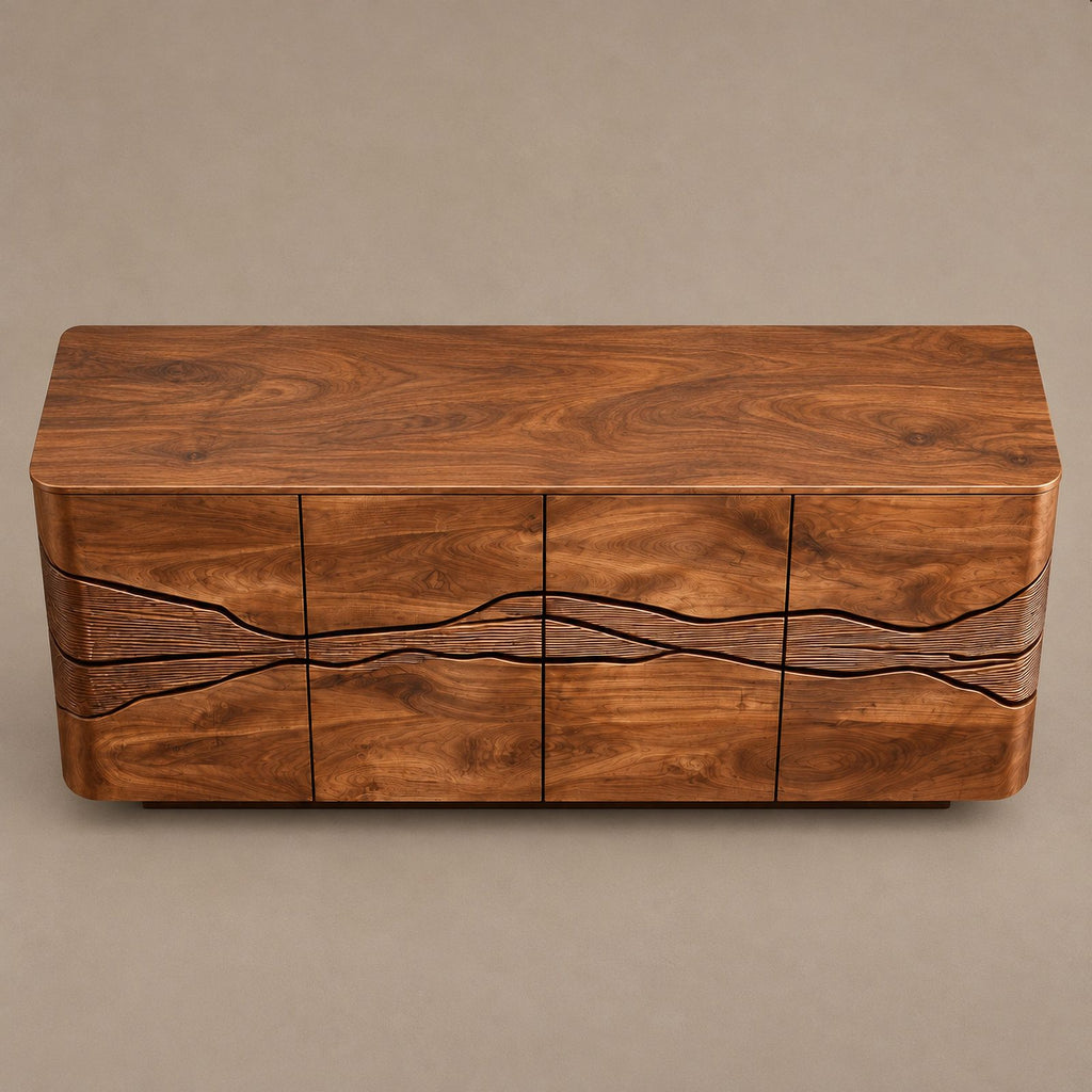 Rustic Wood Sideboard With Carved Landscape Doors For Dining Room