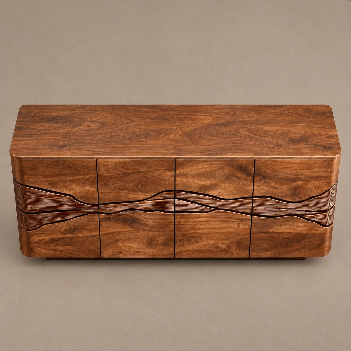 Rustic Wood Sideboard With Carved Landscape Doors For Dining Room