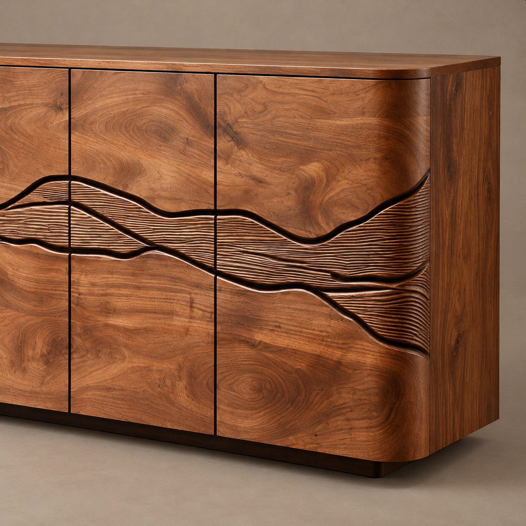 Rustic Wood Sideboard With Carved Landscape Doors For Dining Room