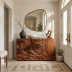 Organic Wood Sideboard With Sculpted Wave Relief Doors For Living Room