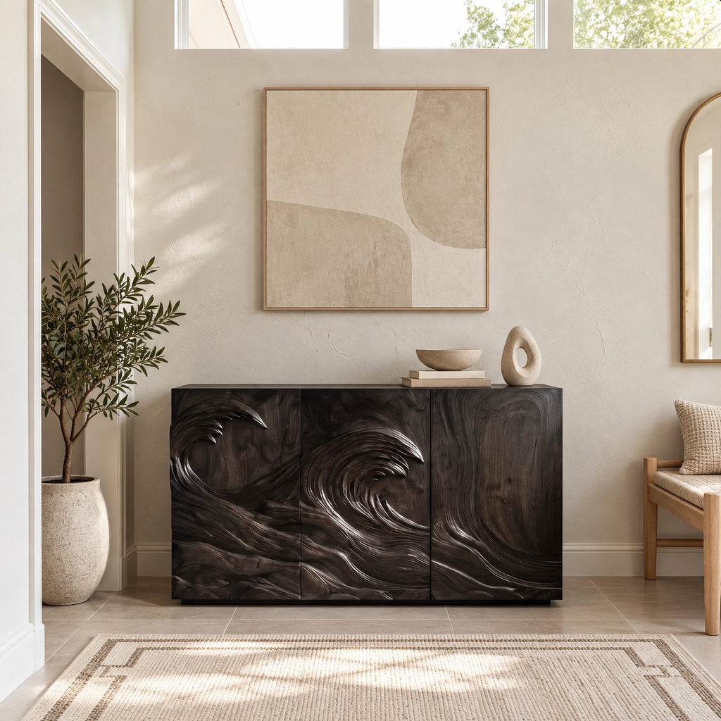 Organic Wood Sideboard With Sculpted Wave Relief Doors For Living Room