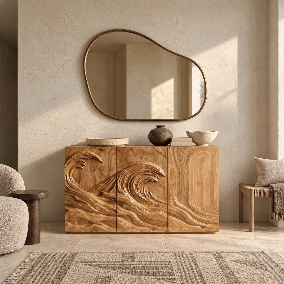 Organic Wood Sideboard With Sculpted Wave Relief Doors For Living Room