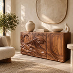 Organic Wood Sideboard With Sculpted Wave Relief Doors For Living Room