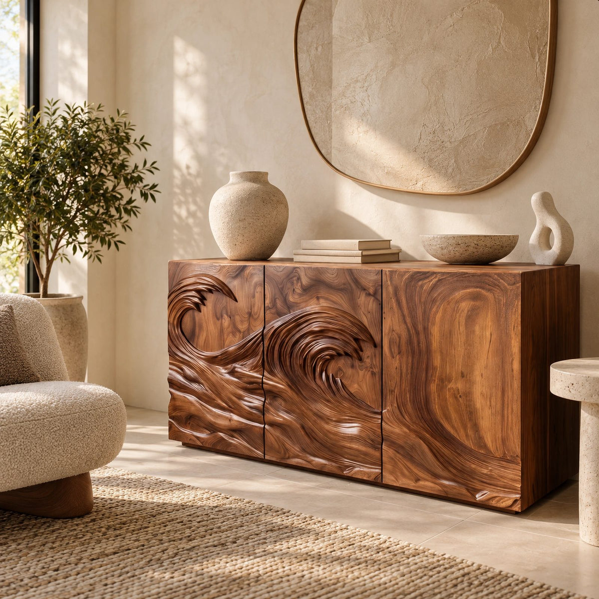 Organic Wood Sideboard With Sculpted Wave Relief Doors For Living Room