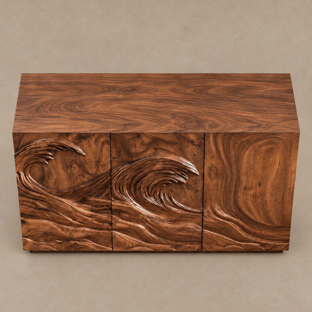 Organic Wood Sideboard With Sculpted Wave Relief Doors For Living Room