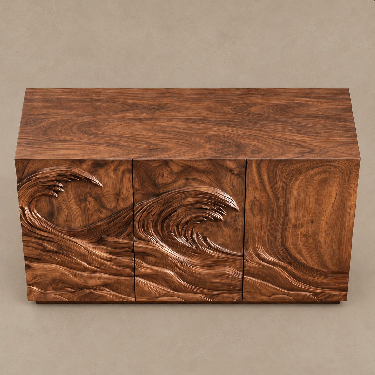 Organic Wood Sideboard With Sculpted Wave Relief Doors For Living Room