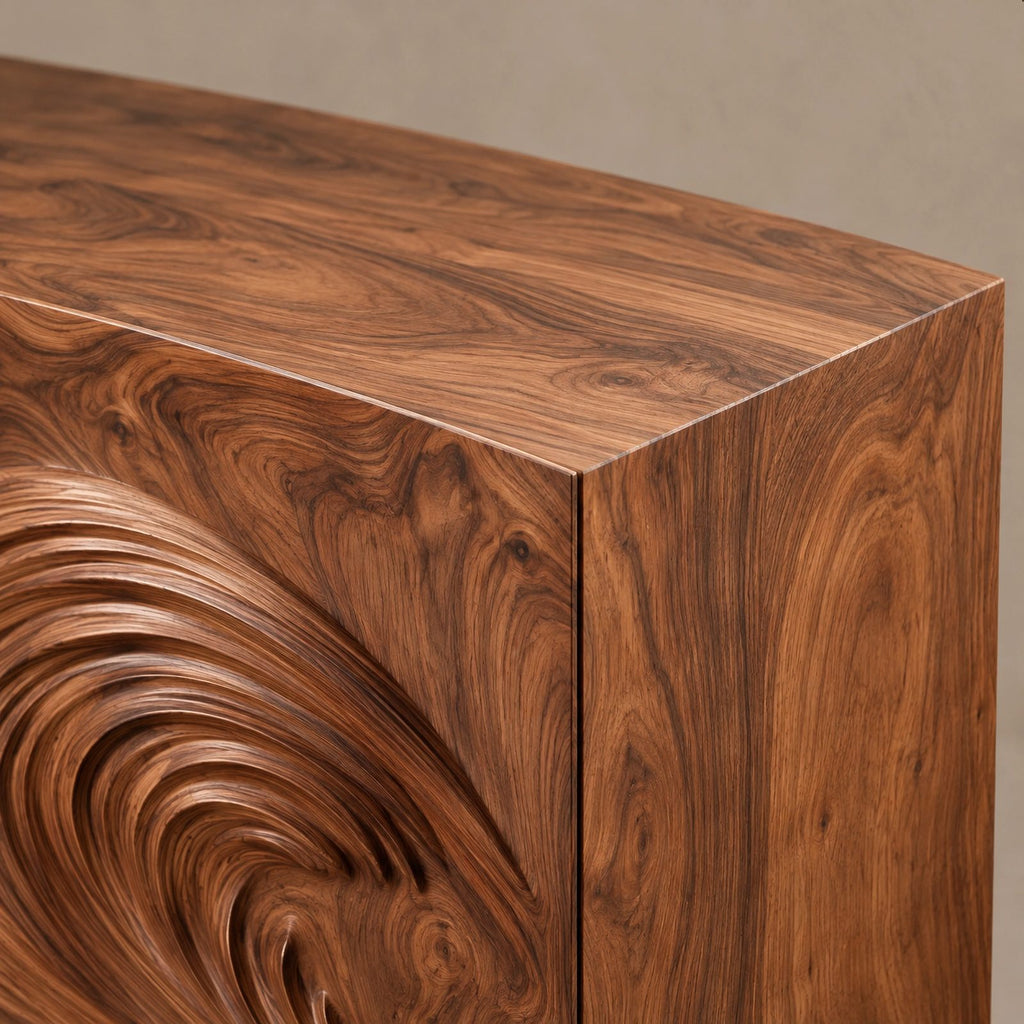 Organic Wood Sideboard With Sculpted Wave Relief Doors For Living Room