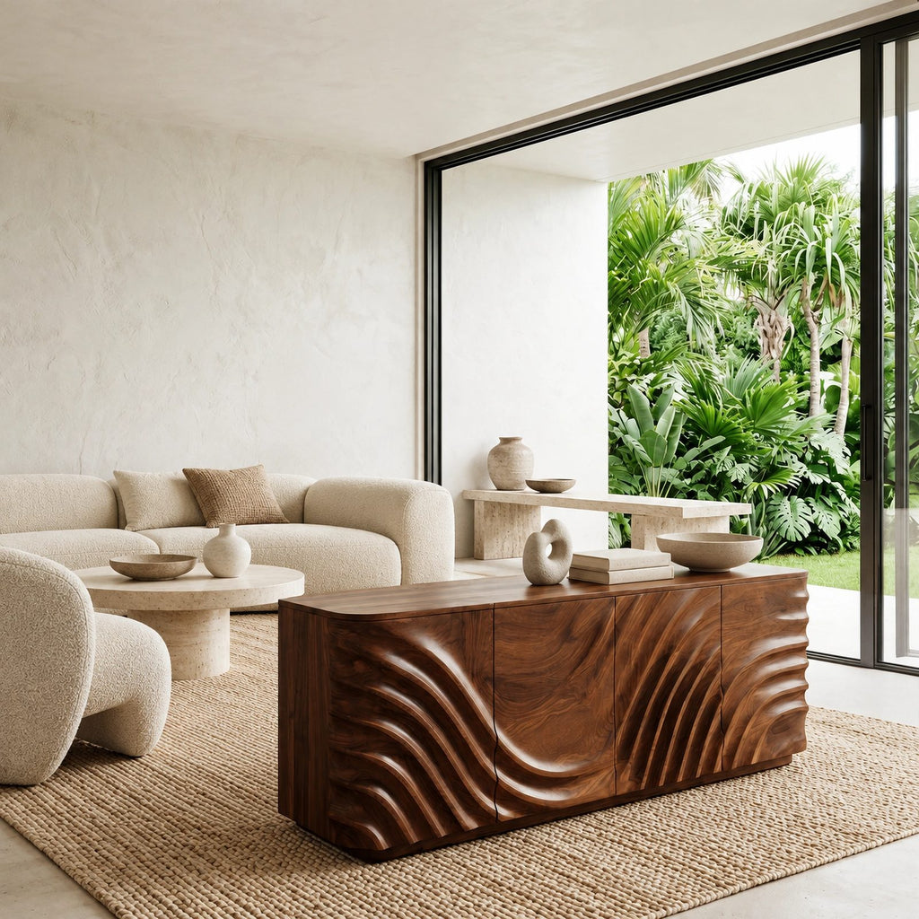 Minimalist Wood Sideboard With Flowing Door Carving For Living Room