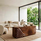 Minimalist Wood Sideboard With Flowing Door Carving For Living Room