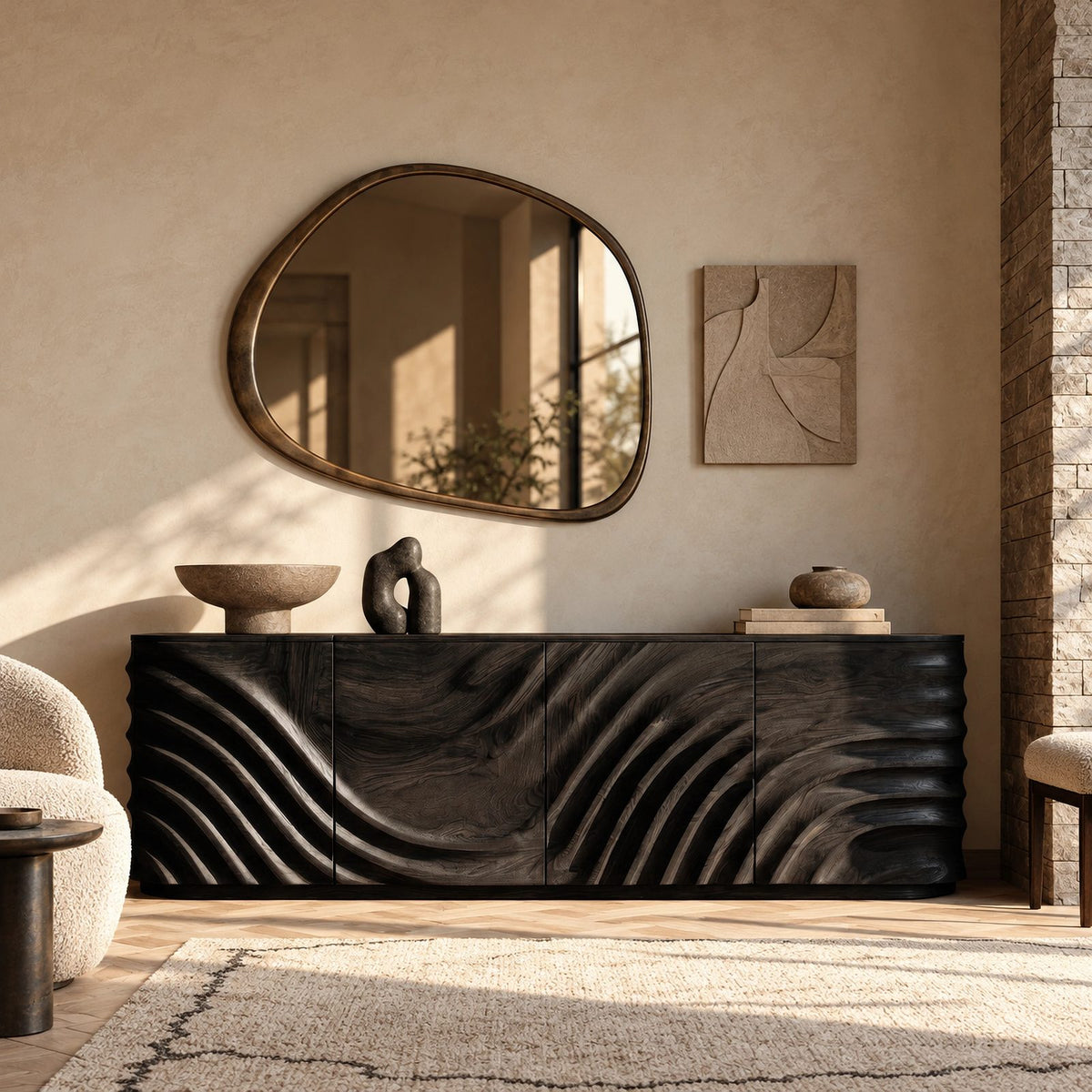Minimalist Wood Sideboard With Flowing Door Carving For Living Room