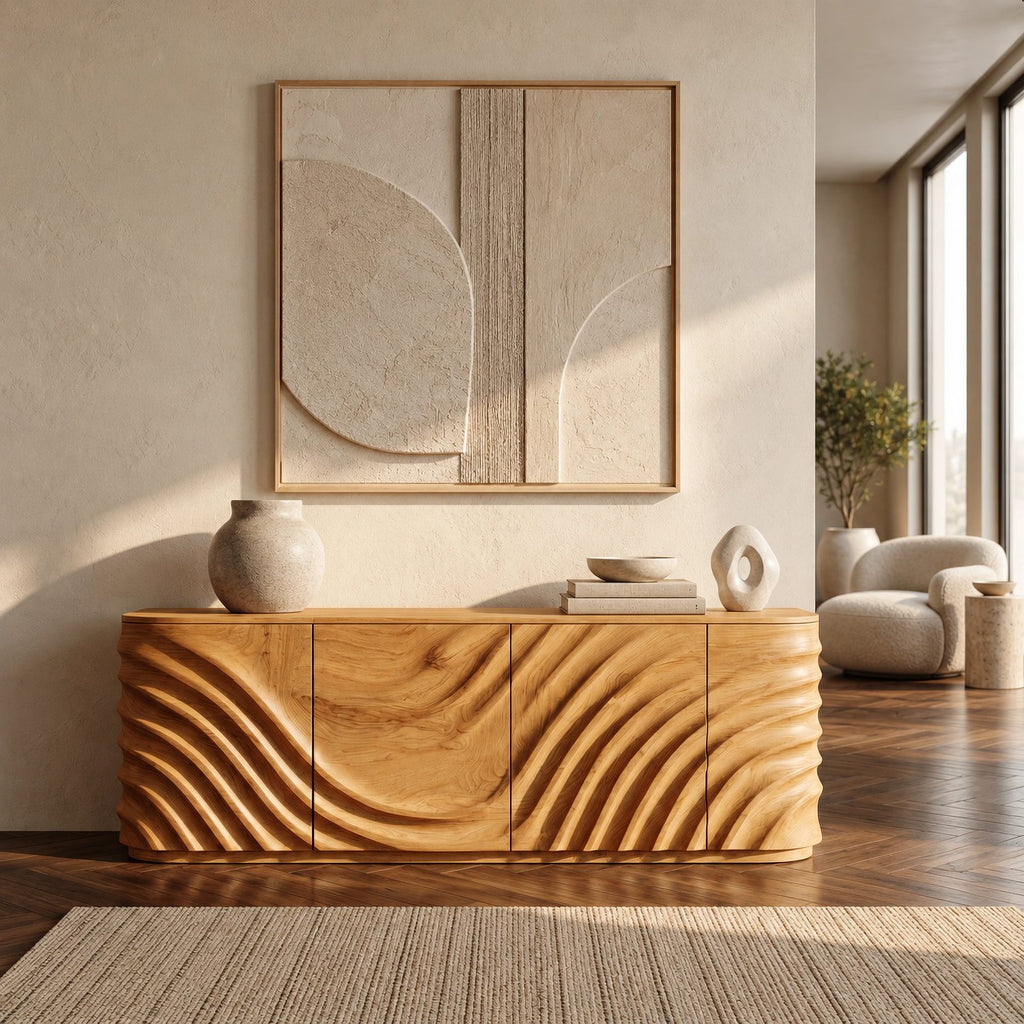 Minimalist Wood Sideboard With Flowing Door Carving For Living Room