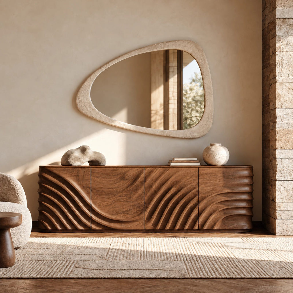 Minimalist Wood Sideboard With Flowing Door Carving For Living Room