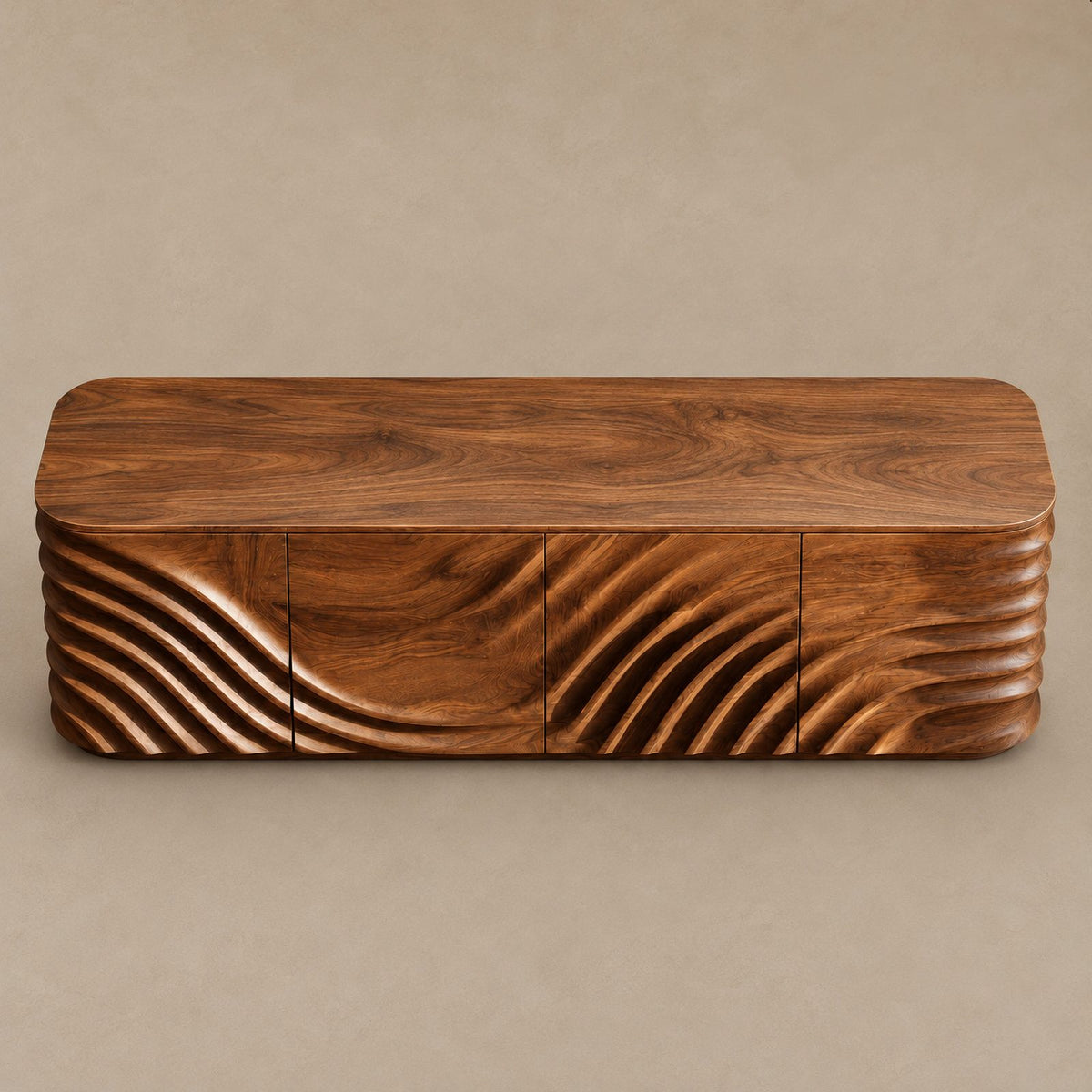 Minimalist Wood Sideboard With Flowing Door Carving For Living Room