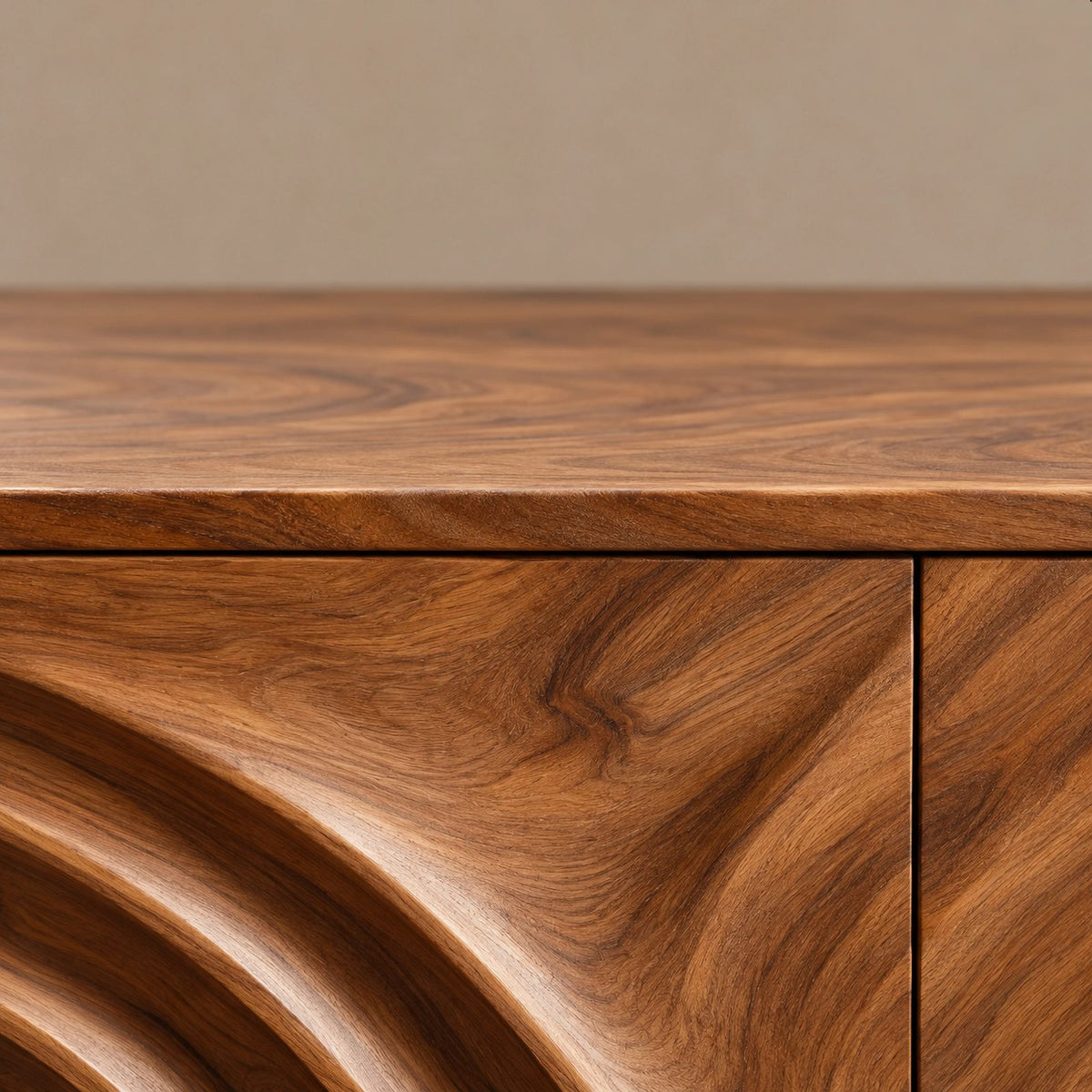 Minimalist Wood Sideboard With Flowing Door Carving For Living Room