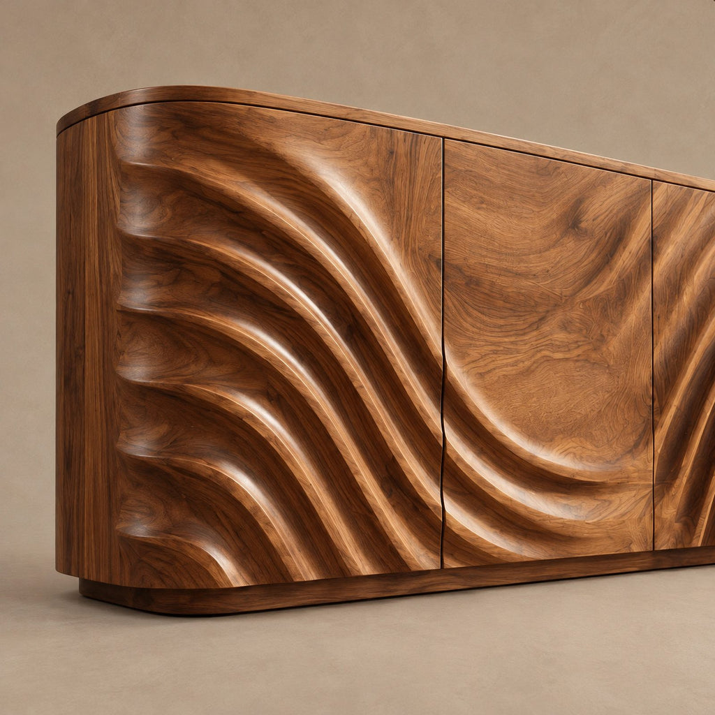 Minimalist Wood Sideboard With Flowing Door Carving For Living Room