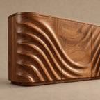 Minimalist Wood Sideboard With Flowing Door Carving For Living Room