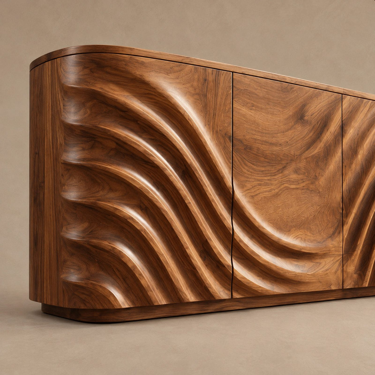 Minimalist Wood Sideboard With Flowing Door Carving For Living Room