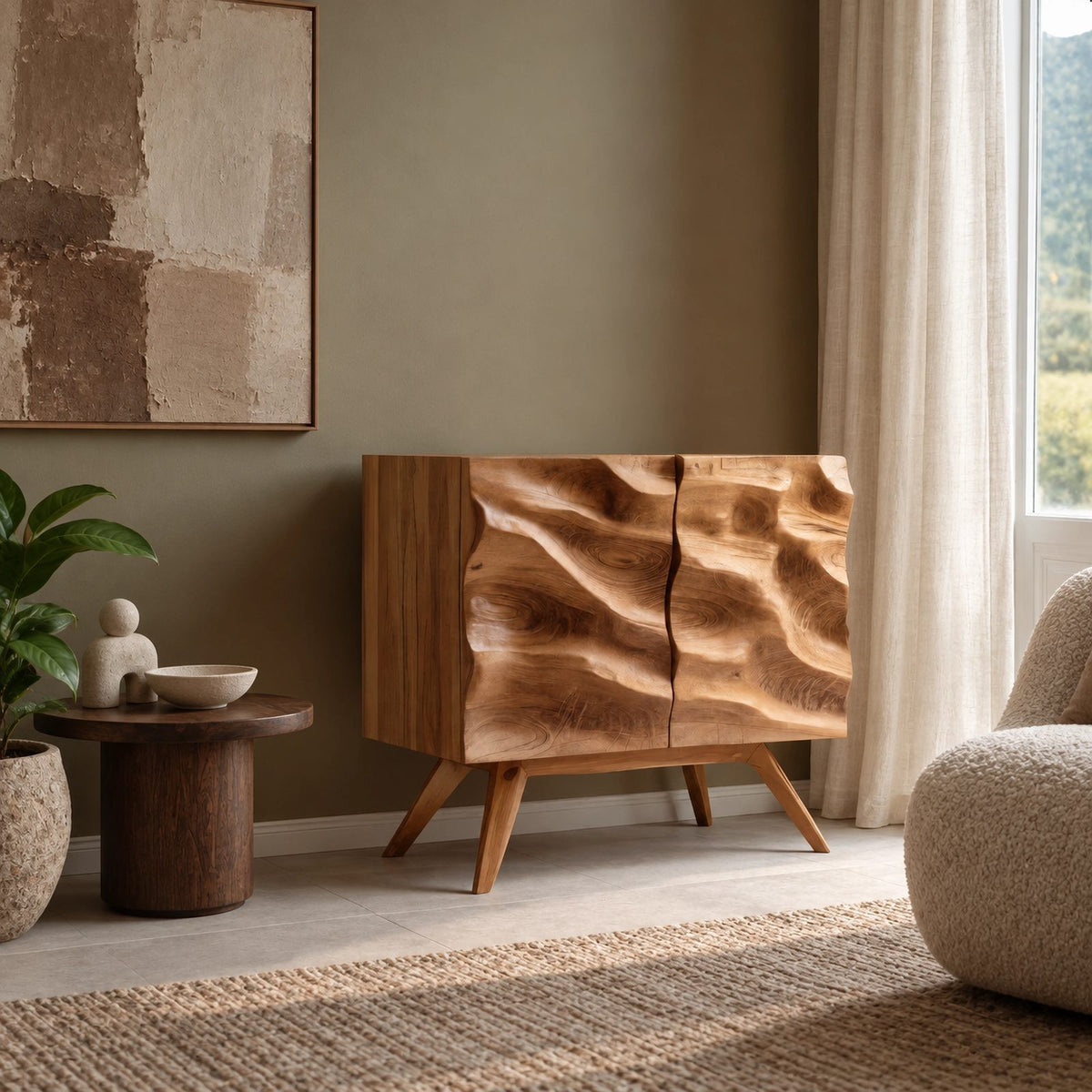 Scandinavian Wood Sideboard With Rippled Wave Doors For Entryway