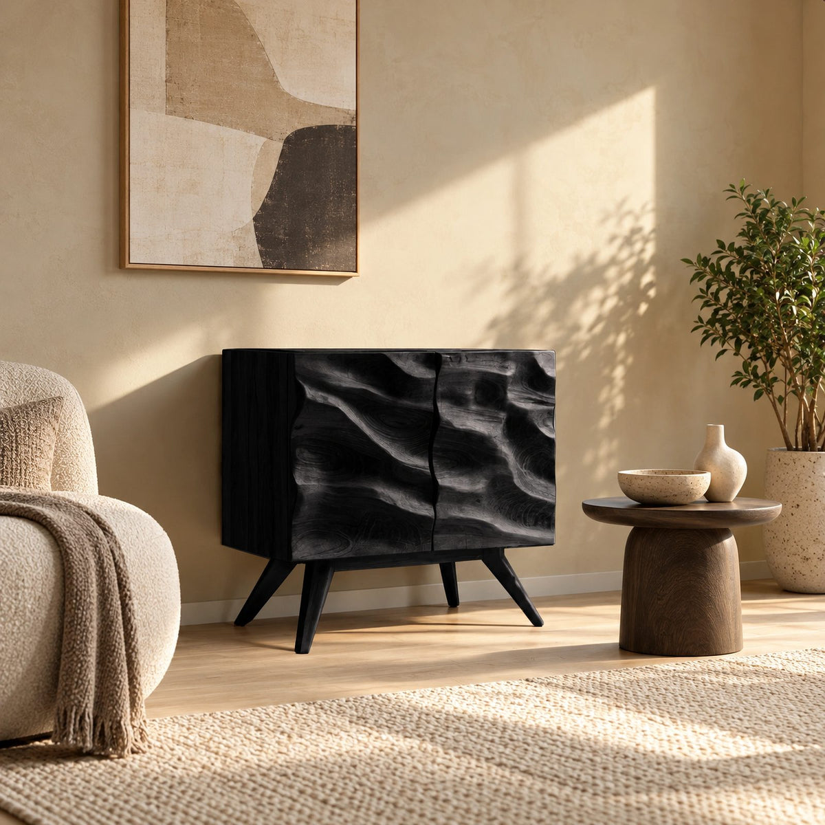 Scandinavian Wood Sideboard With Rippled Wave Doors For Entryway