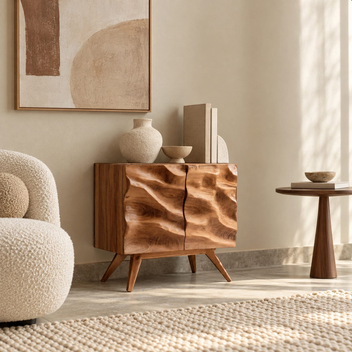 Scandinavian Wood Sideboard With Rippled Wave Doors For Entryway