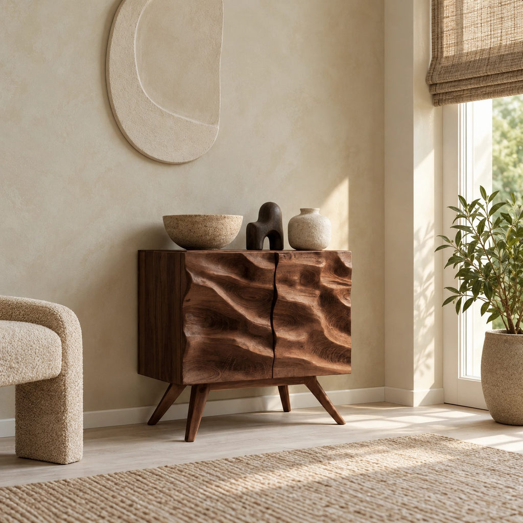 Scandinavian Wood Sideboard With Rippled Wave Doors For Entryway