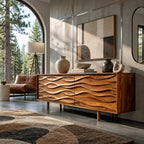 Contemporary Wood Sideboard With Carved Wave Front Panels For Living Room