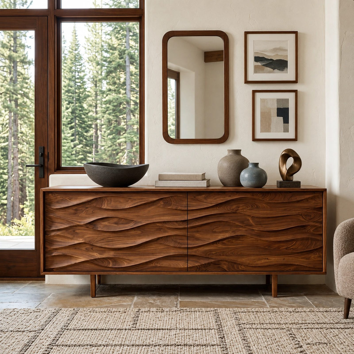 Contemporary Wood Sideboard With Carved Wave Front Panels For Living Room